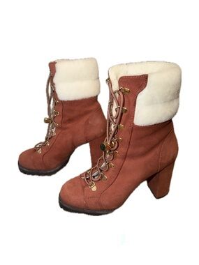 Stuart Weitzman Suede Faux Fur Trim Lace-Up Boots